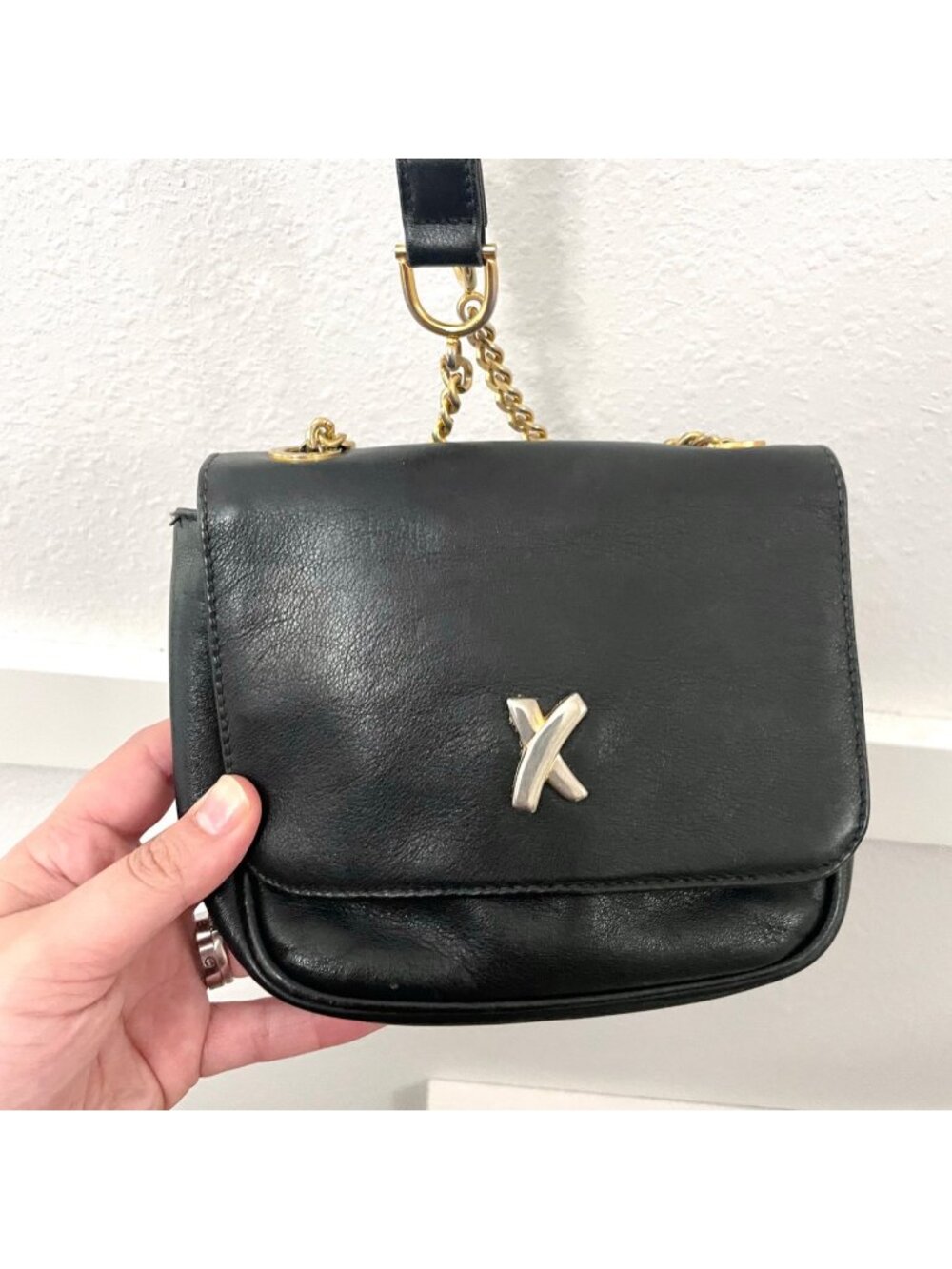 Vintage Paloma Picasso Black Leather Crossbody Gold Chain Detail Quiet Luxury